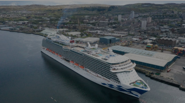 Aerial view of a cruise ship berthed at Greenock Ocean Terminal on the Firth of Clyde